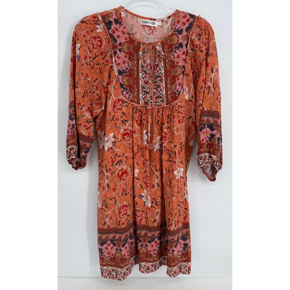Temofon Orange Floral Boho Tunic Dress Womens Sz L 3/4 Sleeve Babydoll Mini